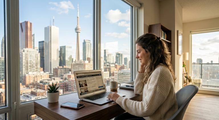 Pessoa pesquisando opções para alugar apartamento em toronto no computador.