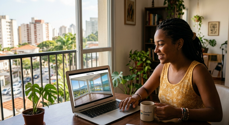 Guia sobre como alugar imóvel em Vancouver estando no Brasil através de busca online no computador.
