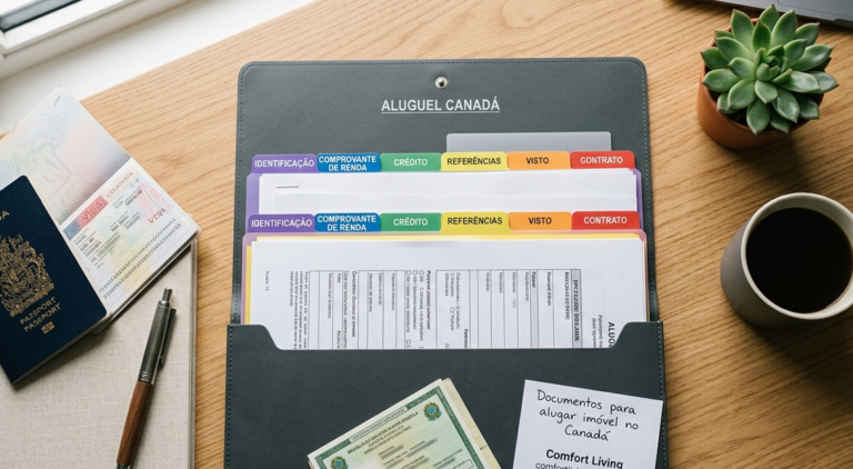 Pasta organizada com documentos para alugar imóvel no Canadá sobre mesa de escritório imobiliário.