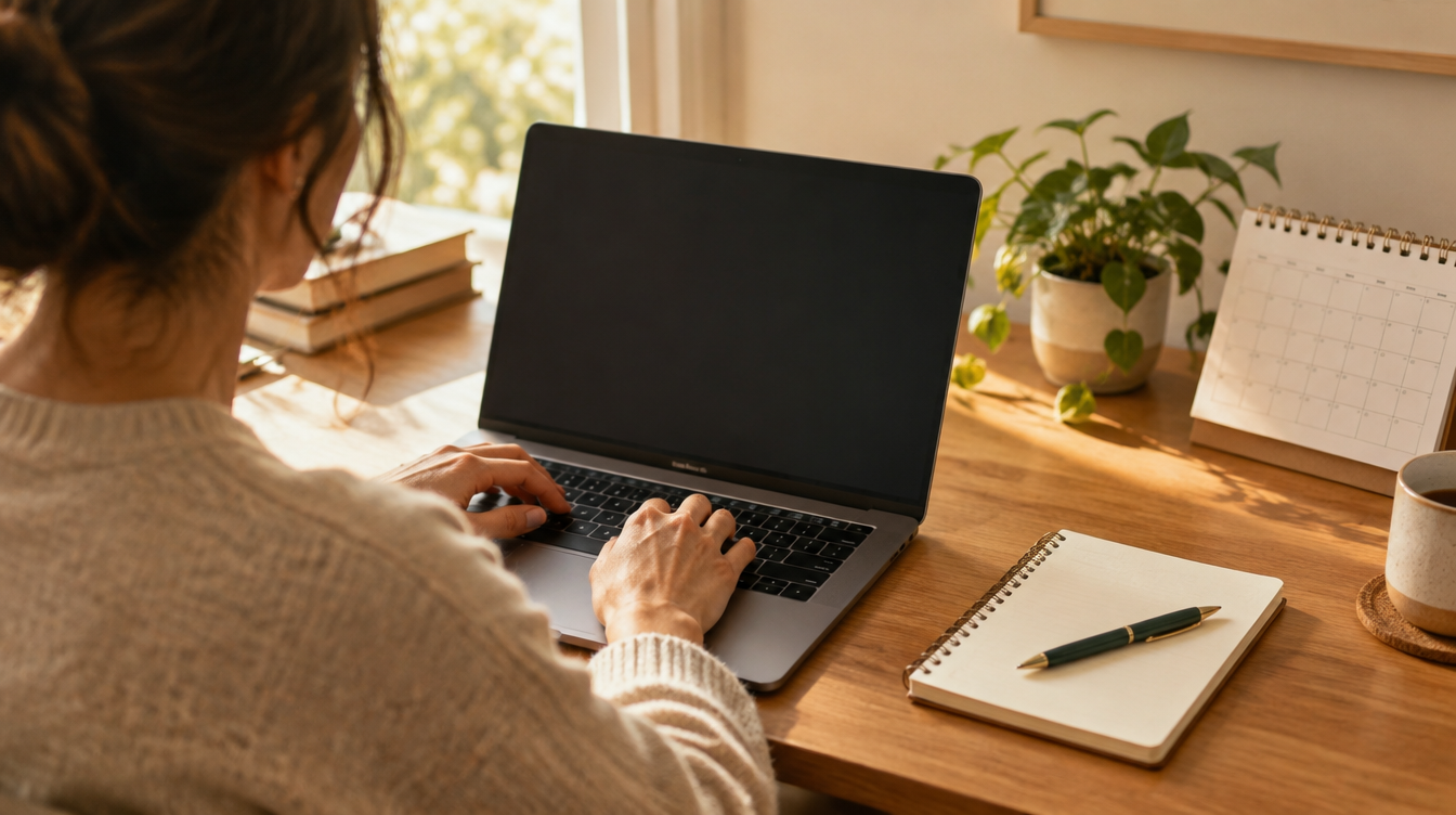 Equivalência de diploma: preenchendo a aplicação no laptop, com calendário ao lado