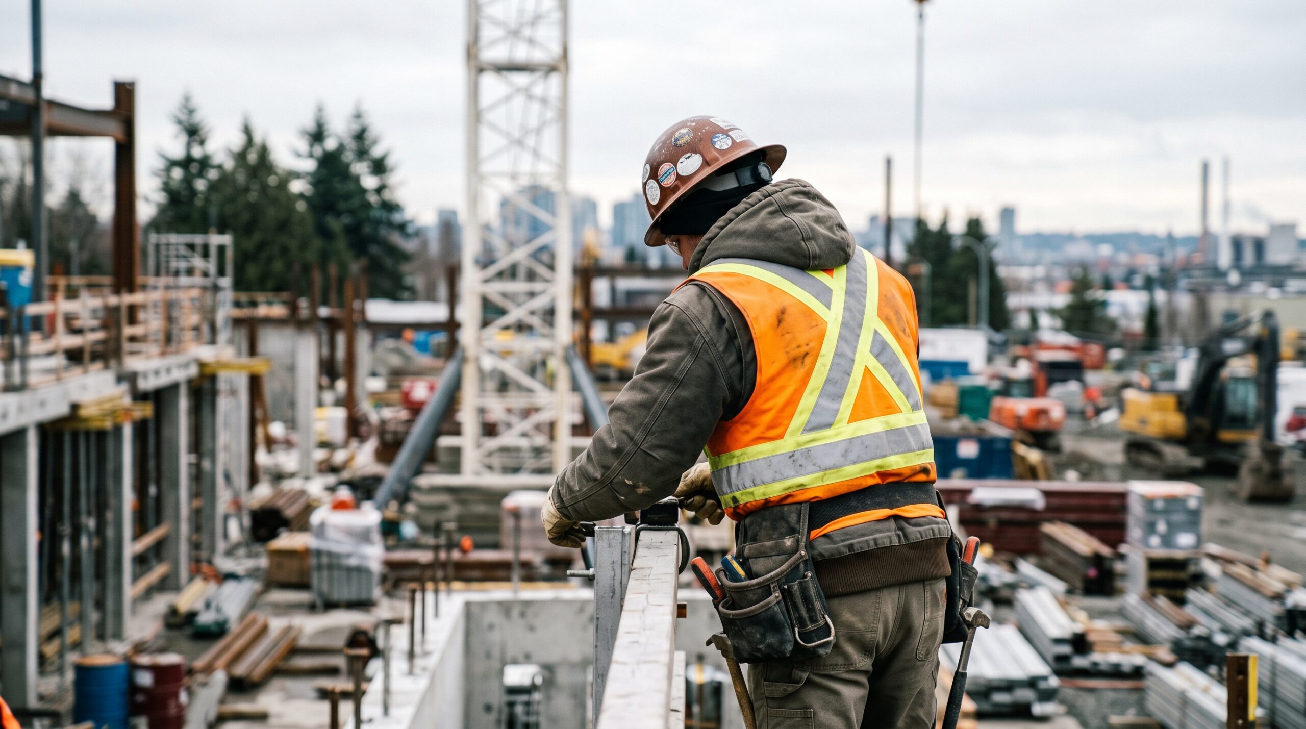 Trabalhador de costas em canteiro de obras ilustra experiência de trabalho no Canadá