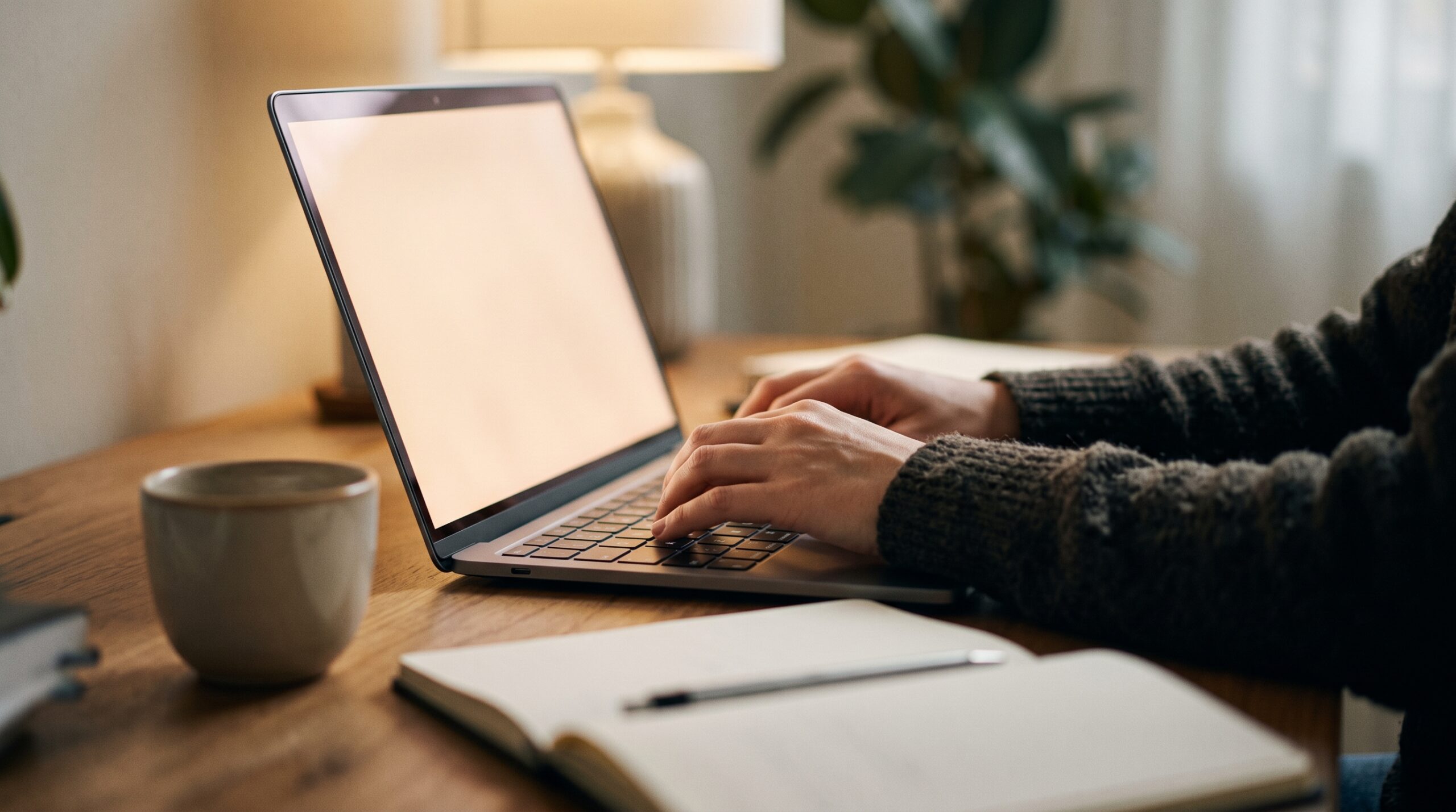 Mãos digitam em notebook sugerindo atualização de perfil antes da mudança no Express Entry